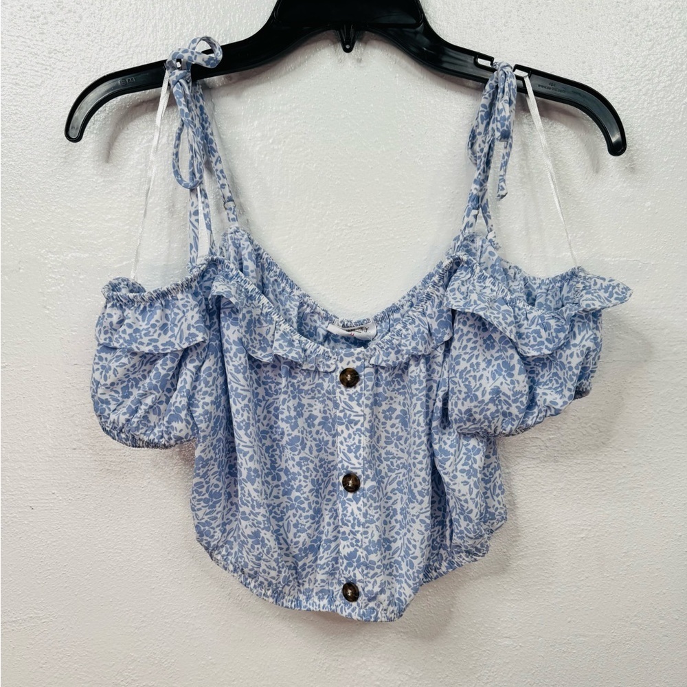 Sienna Sky Blouse Womens Size M Blue & White Floral Off Shoulder Cropped